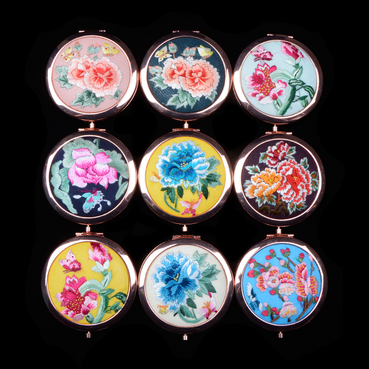江山化妆随身镜精品出国送礼刺绣中国风古风摄影 手绣镜子